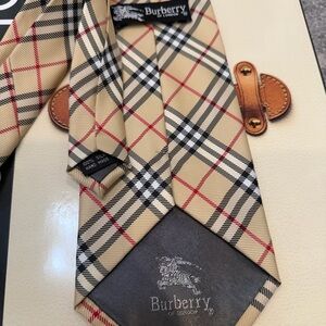 Burberry Tan Check Silk Tie with Black & Red Accents